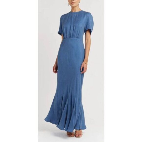 NWOT Dissh Campbell Cobalt Blue High Neck Waist Pleated Maxi Dress Women's 4US - Picture 1 of 12
